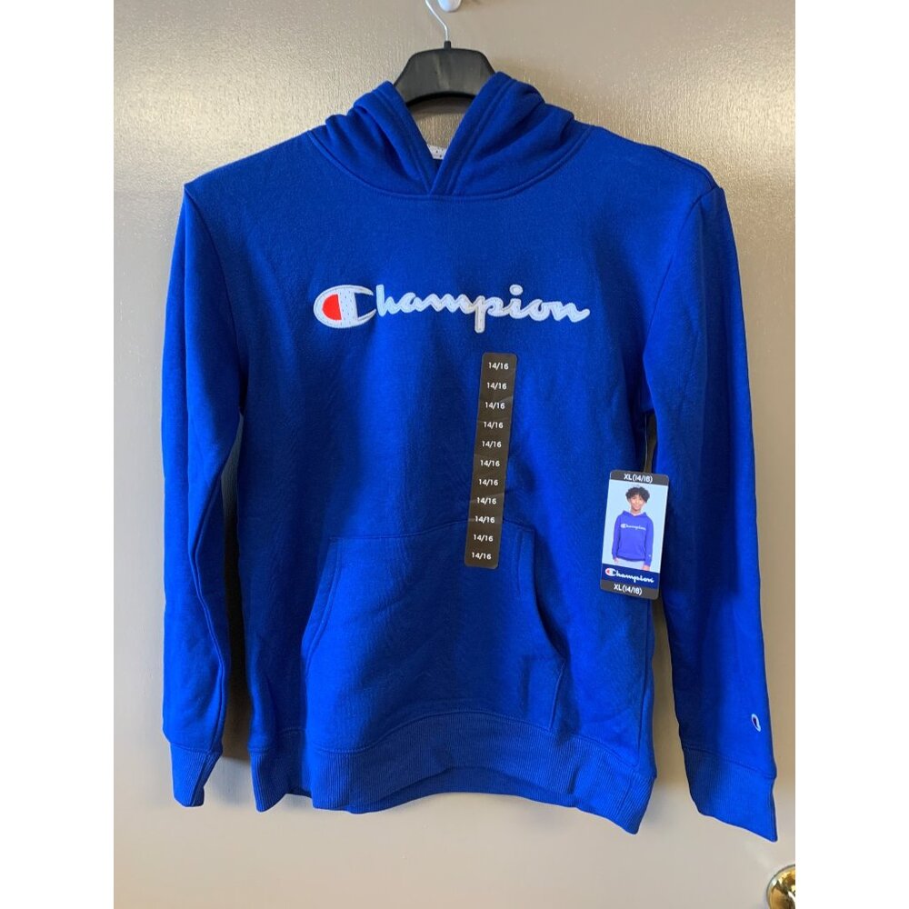 Champion Kids Logo‎ Fleece Hoodie XL 14/16 Blue Pullover Sweatshirt